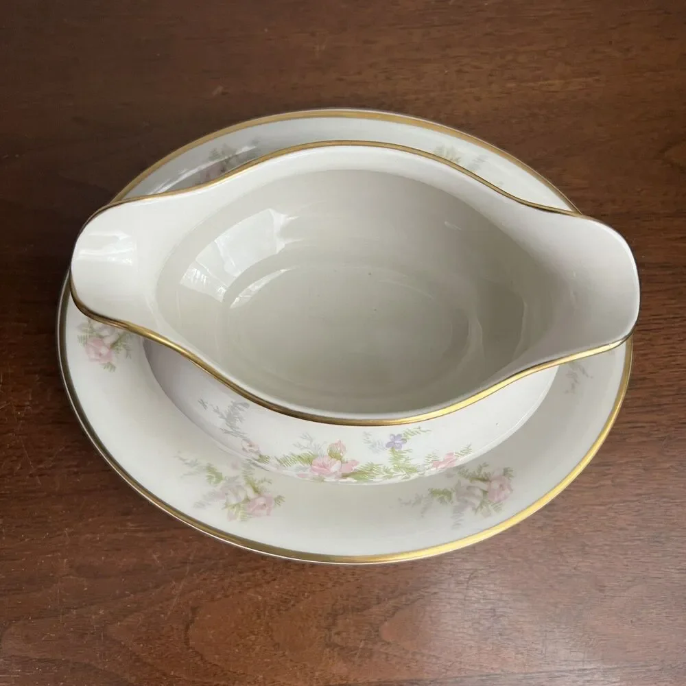Kirk Gravy Boat w Attached Plate Pink Rose Vintage